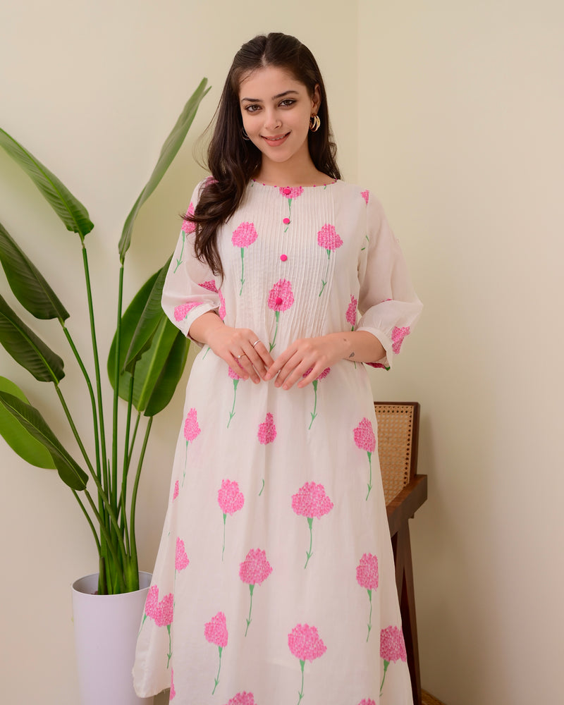 White Pink Floral Pintex A Line Mul Cotton Kurta Set