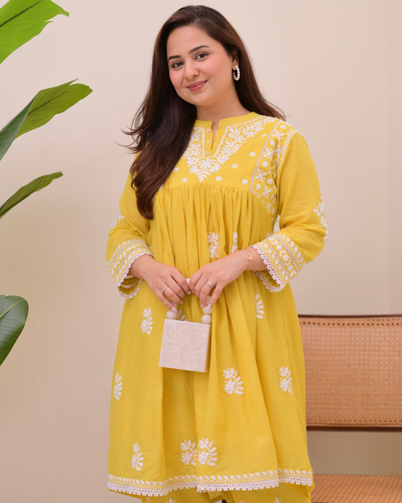 Citrus Charm Chikankari Mul Cotton Co-ord