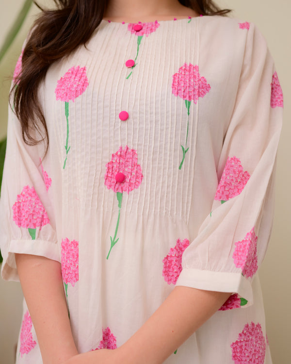 White Pink Floral Pintex A Line Mul Cotton Kurta Set