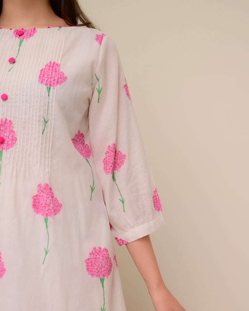 White Pink Floral Pintex A Line Mul Cotton Kurta Set