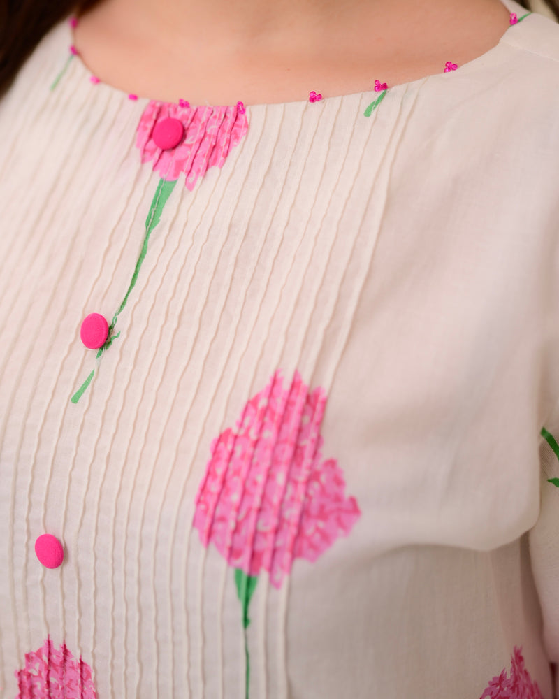 White Pink Floral Pintex A Line Mul Cotton Kurta Set