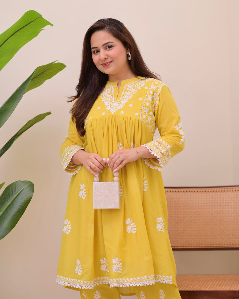 Citrus Charm Chikankari Mul Cotton Co-ord