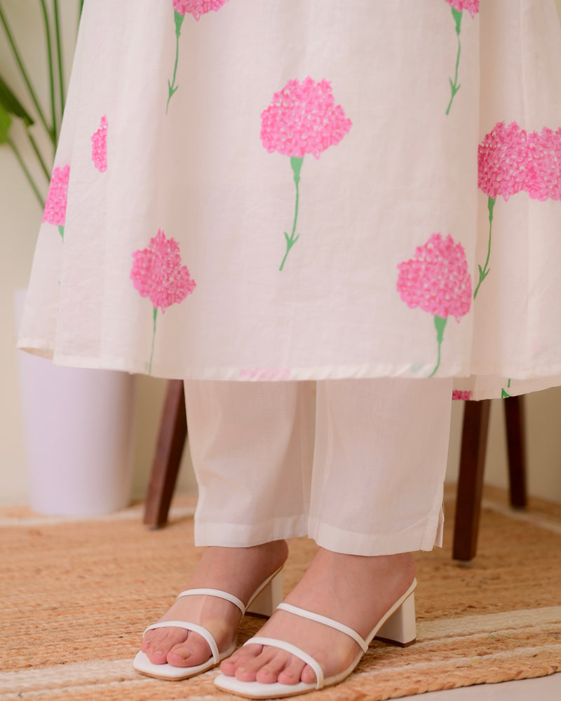 White Pink Floral Pintex A Line Mul Cotton Kurta Set
