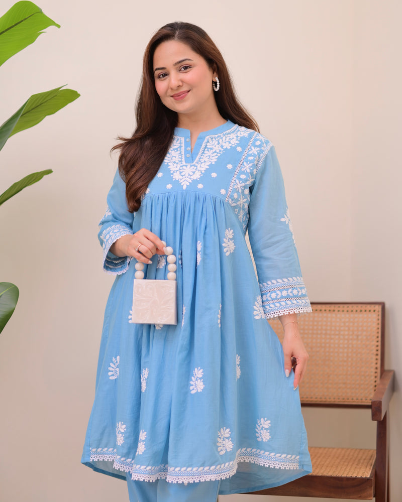 Azure Sky Chikankari Mul Cotton Co-ord