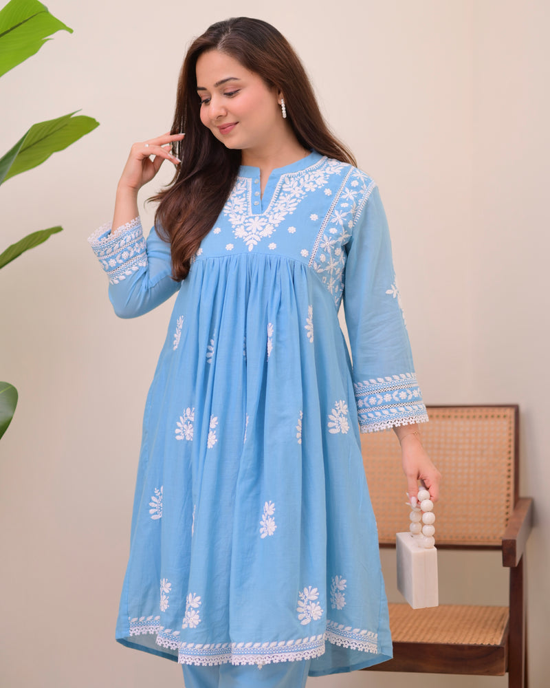 Azure Sky Chikankari Mul Cotton Co-ord