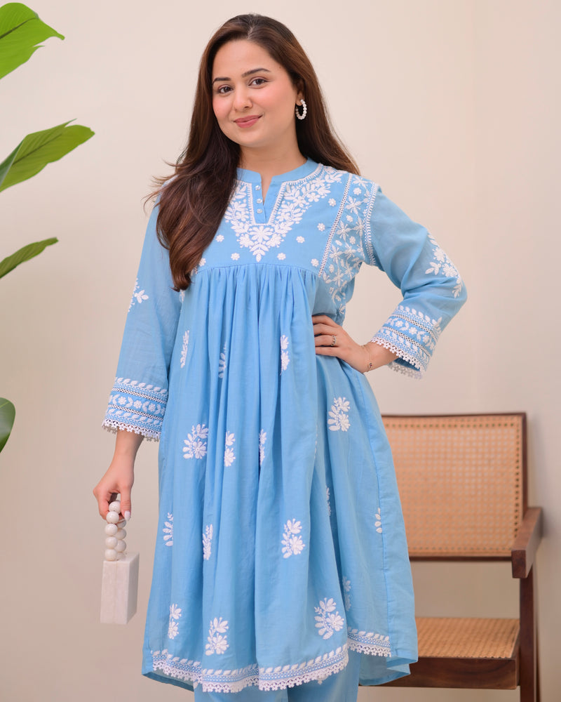 Azure Sky Chikankari Mul Cotton Co-ord