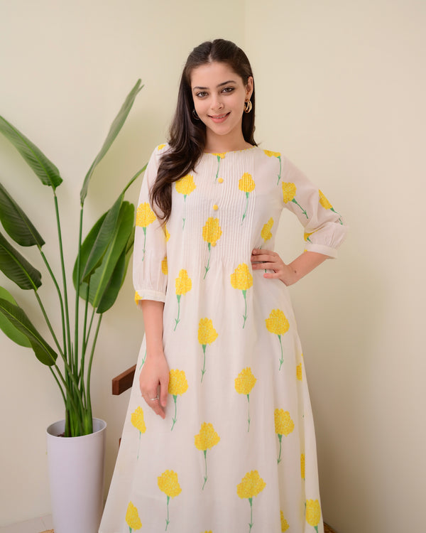 White Yellow Floral Pintex A Line Mul Cotton Kurta Set