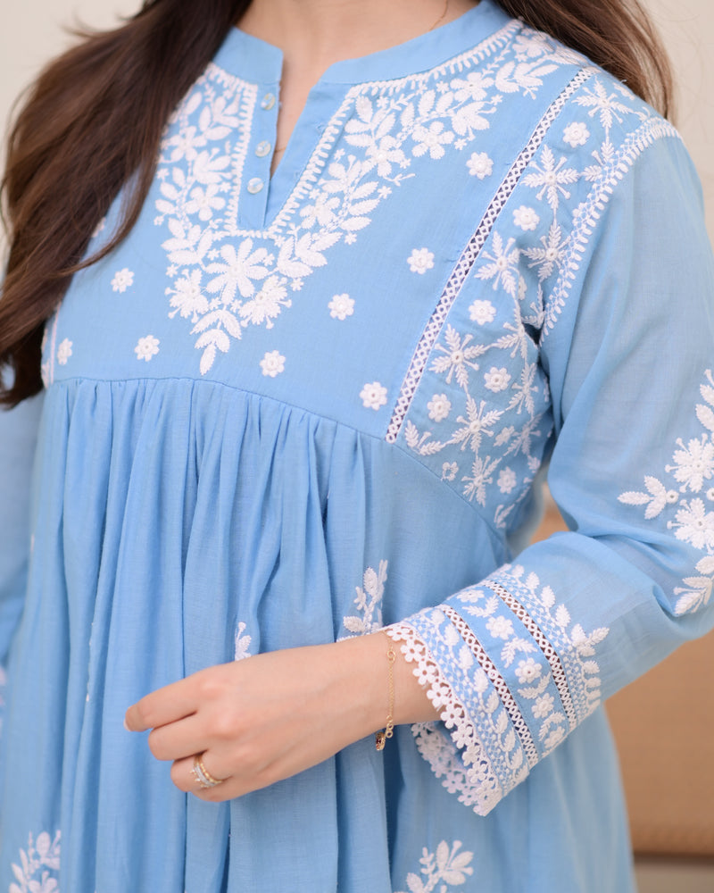 Azure Sky Chikankari Mul Cotton Co-ord