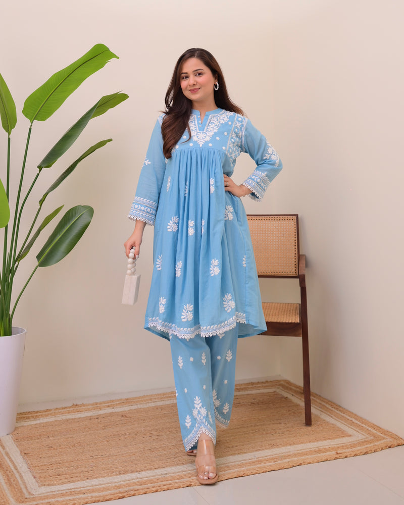 Azure Sky Chikankari Mul Cotton Co-ord
