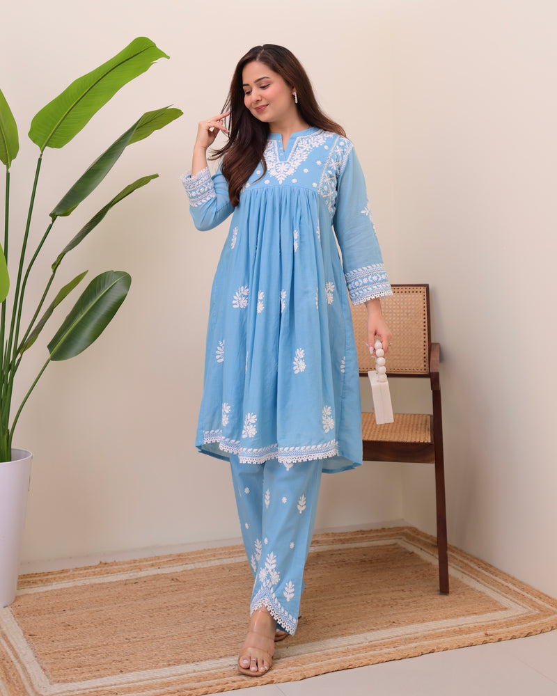 Azure Sky Chikankari Mul Cotton Co-ord