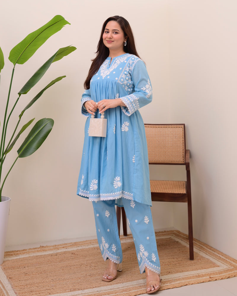 Azure Sky Chikankari Mul Cotton Co-ord