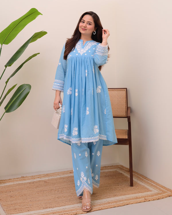 Azure Sky Chikankari Mul Cotton Co-ord
