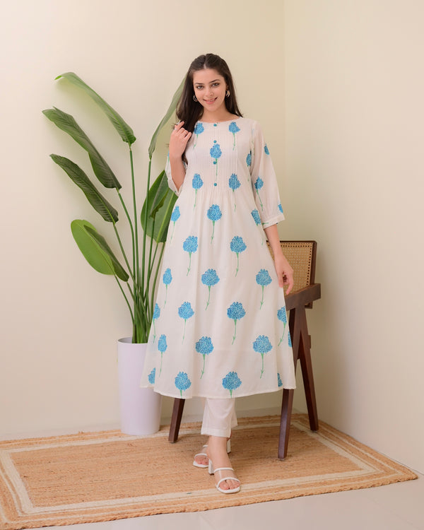 White Blue Floral Pintex A Line Mul Cotton Kurta Set