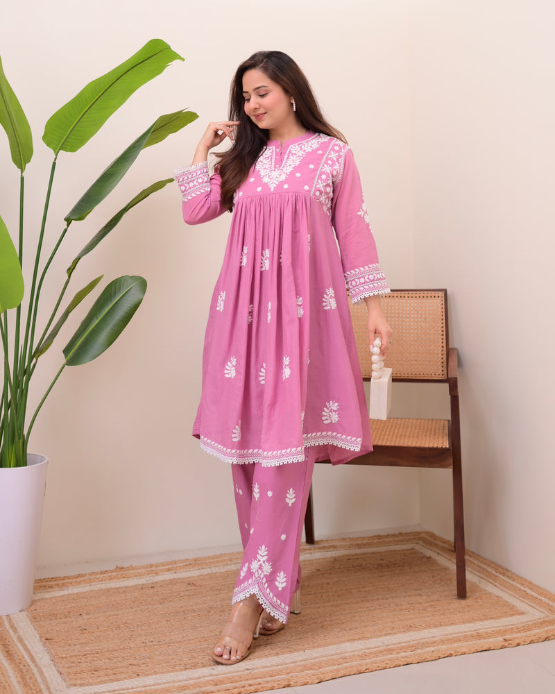 Rose Reverie Chikankari Mul Cotton Co-ord