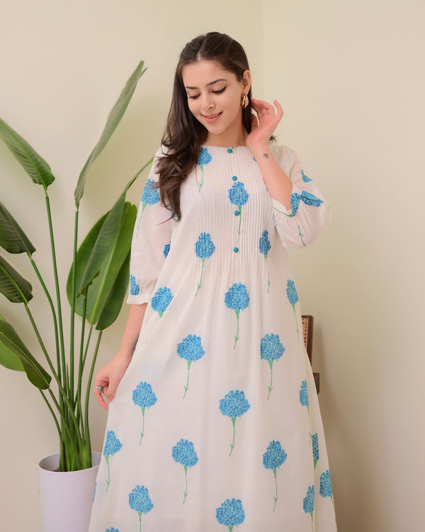 White Blue Floral Pintex A Line Mul Cotton Kurta Set