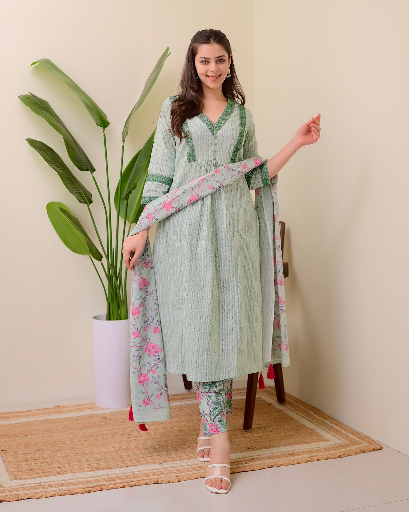 Green Floral Cotton A Line Lace Suit