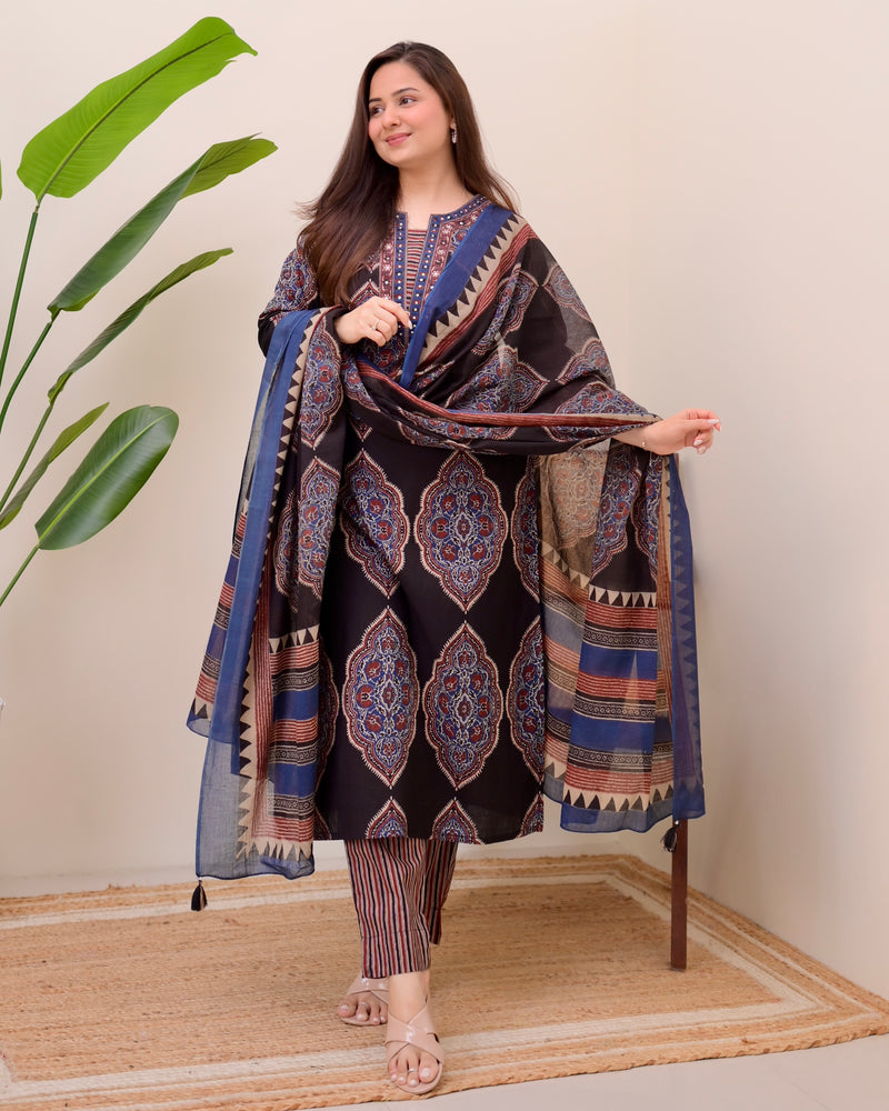 Black Ajrak Printed Cotton Suit