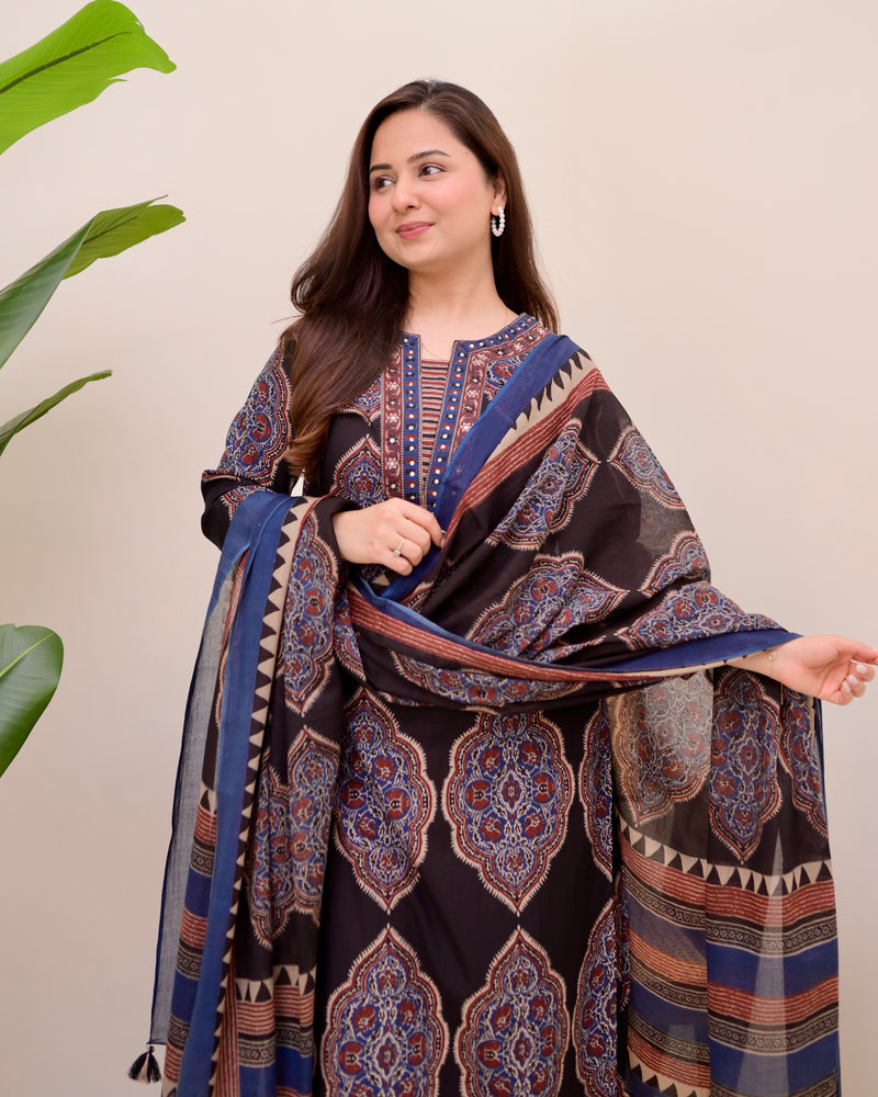 Black Ajrak Printed Cotton Suit
