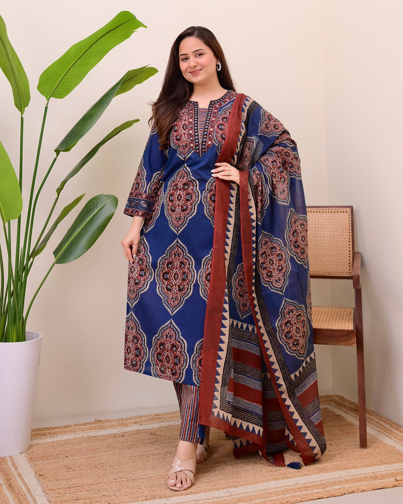 Blue Ajrak Printed Cotton Suit