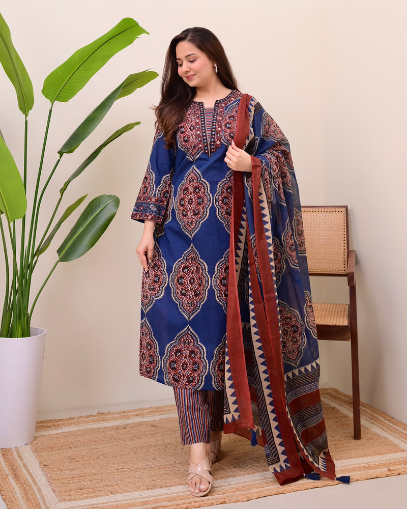 Blue Ajrak Printed Cotton Suit