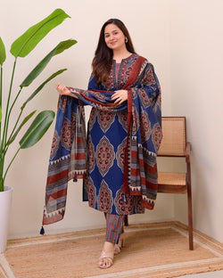 Blue Ajrak Printed Cotton Suit