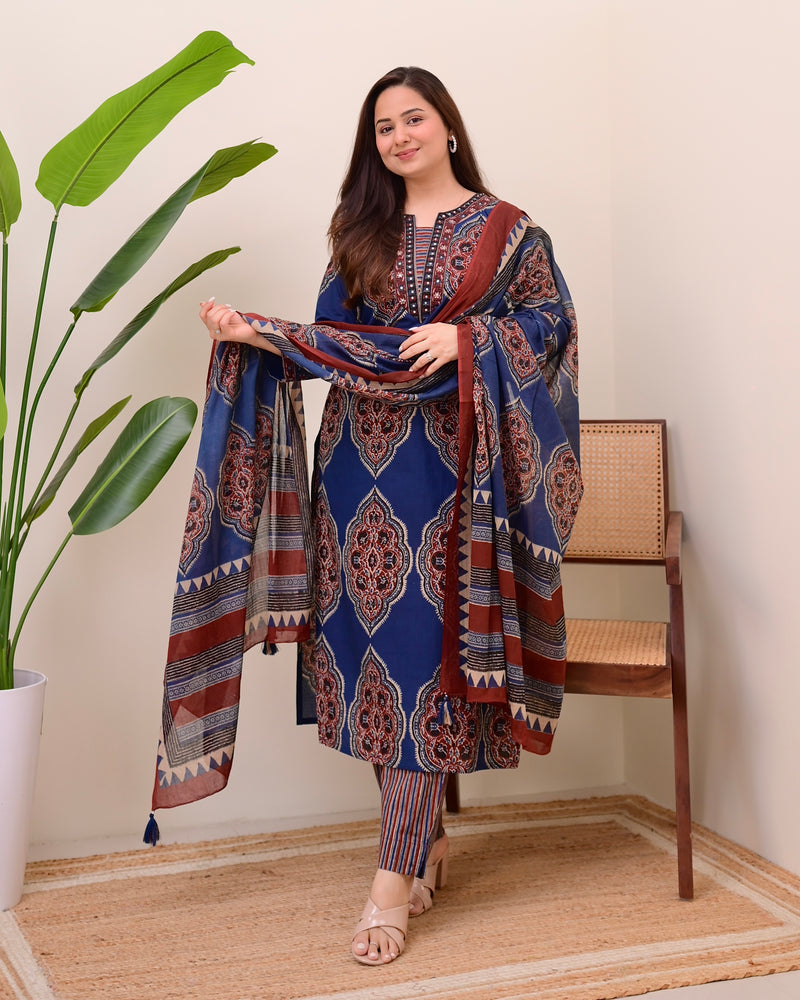 Navy Blue 3 Piece Ajrak Printed Pure Cotton Summer Suit Set For Women Label Madhuri Thakkar Navy Blue 3 Piece Ajrak Printed Pure Cotton Summer Suit Set For Women Label Madhuri Thakkar
