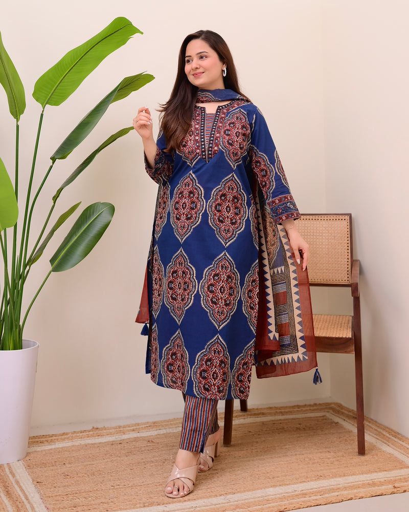 Blue Ajrak Printed Cotton Suit