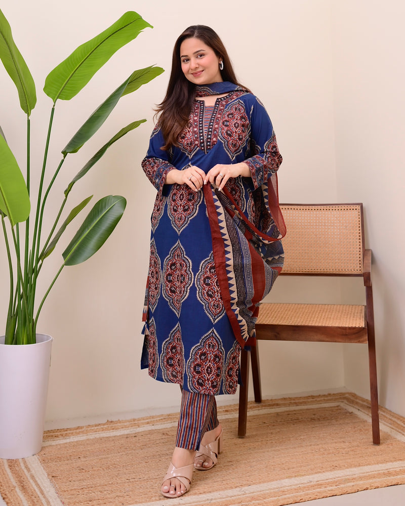 Blue Ajrak Printed Cotton Suit