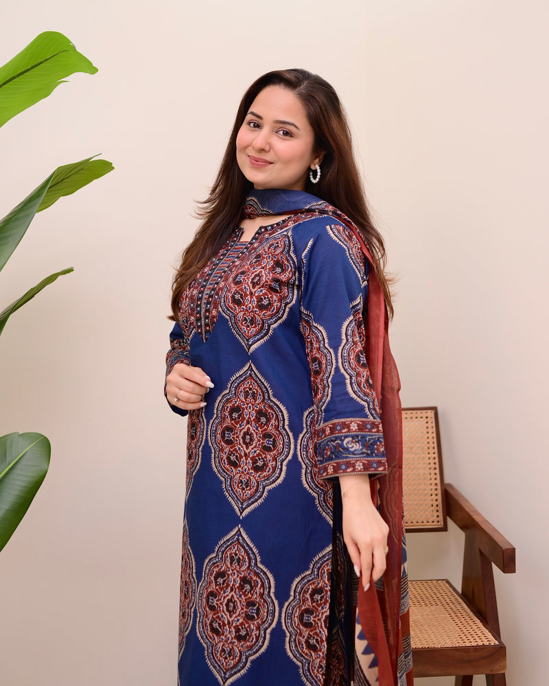 Blue Ajrak Printed Cotton Suit