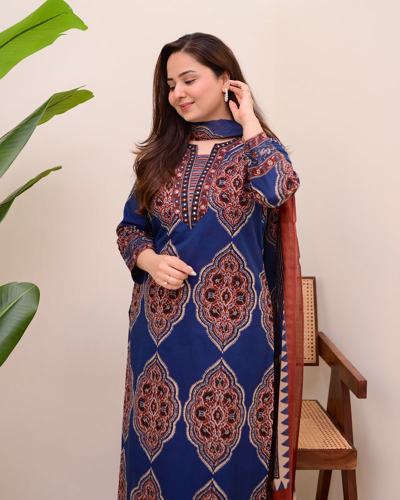 Blue Ajrak Printed Cotton Suit