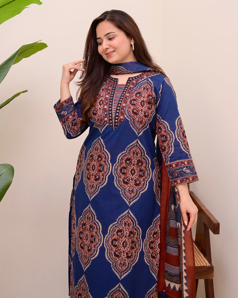 Blue Ajrak Printed Cotton Suit