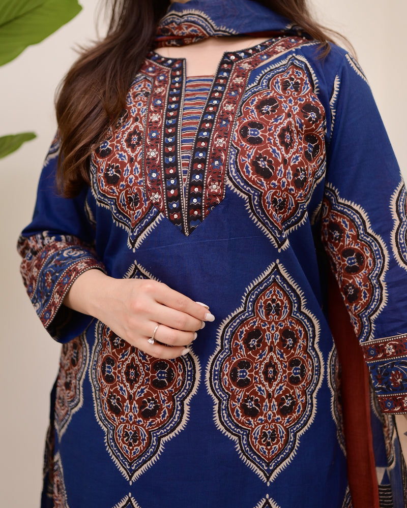 Blue Ajrak Printed Cotton Suit