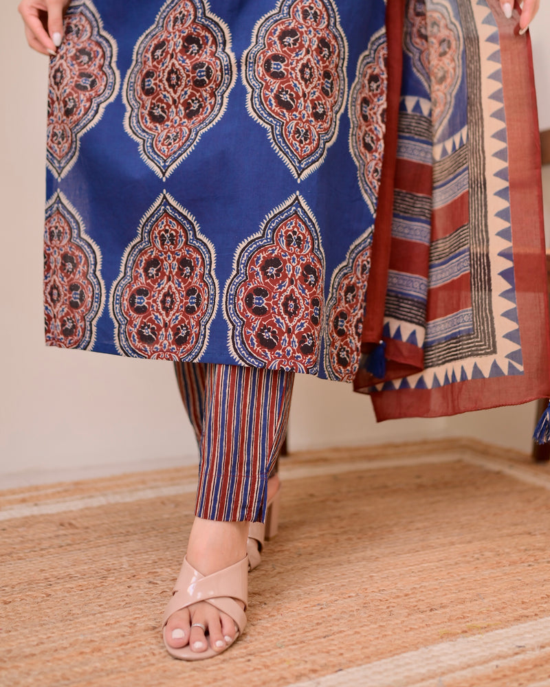 Blue Ajrak Printed Cotton Suit