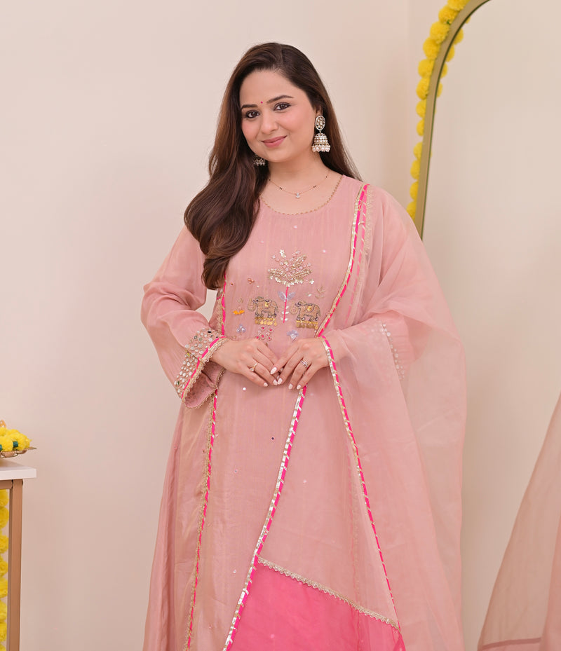 Noor-e-Gulabi Mul Chanderi Handwork A Line Suit