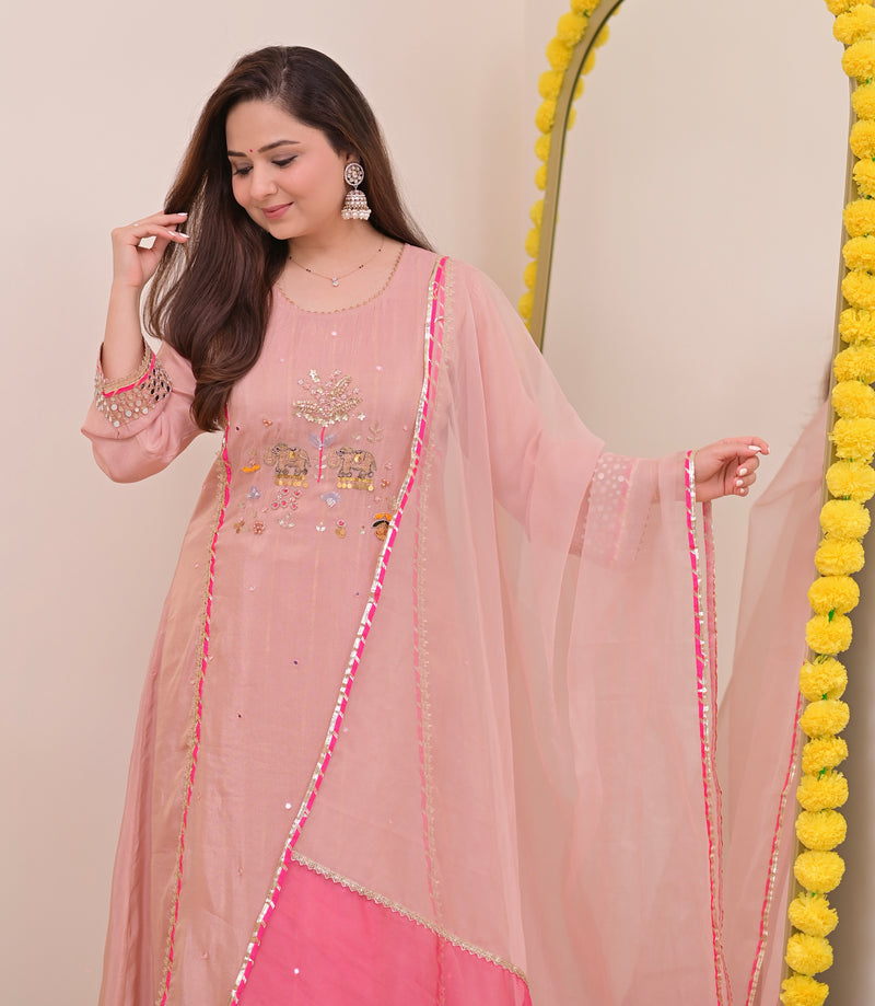 Noor-e-Gulabi Mul Chanderi Handwork A Line Suit