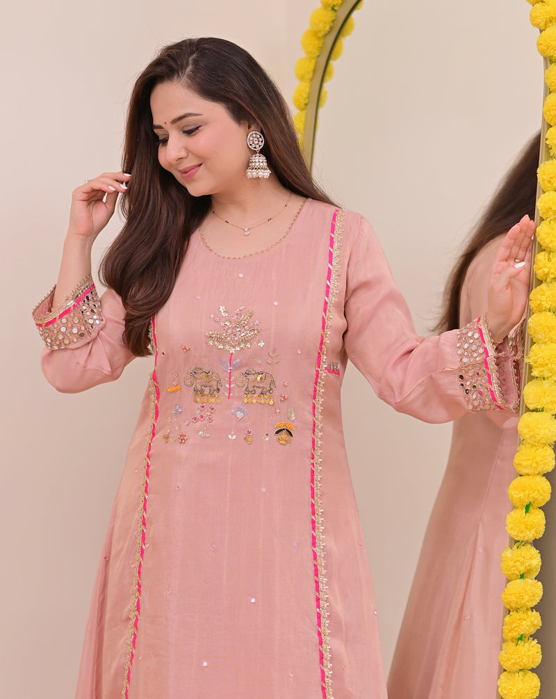 Noor-e-Gulabi Mul Chanderi Handwork A Line Suit