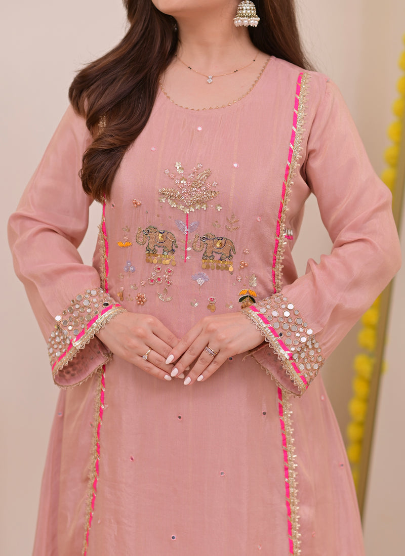 Noor-e-Gulabi Mul Chanderi Handwork A Line Suit