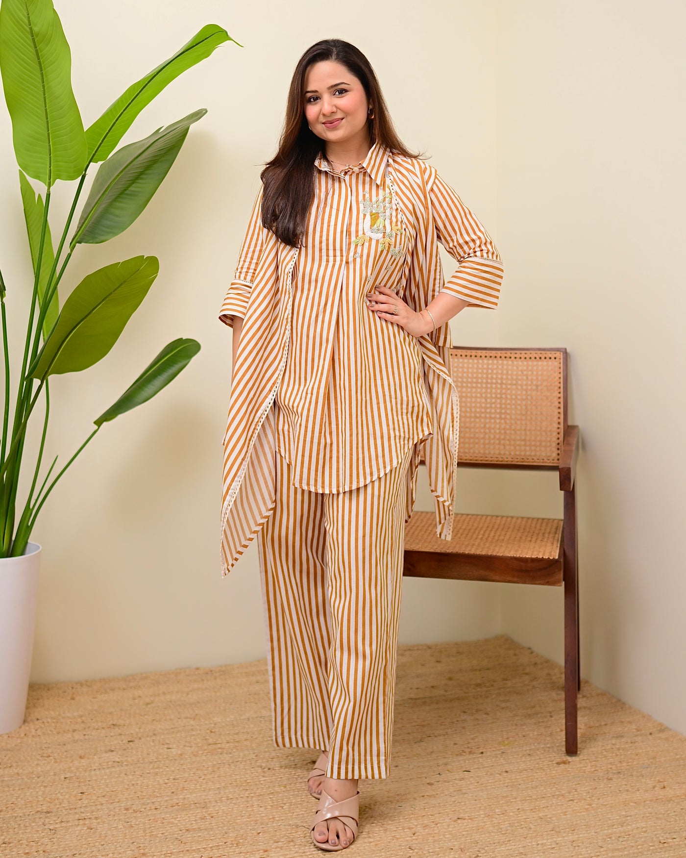 Caramel Breeze Striped Collar Embroidered Cotton Co-ord