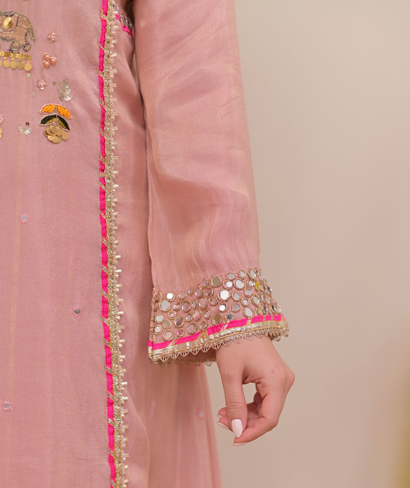 Noor-e-Gulabi Mul Chanderi Handwork A Line Suit