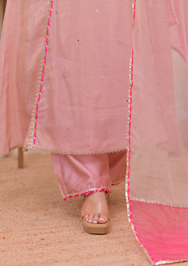 Noor-e-Gulabi Mul Chanderi Handwork A Line Suit