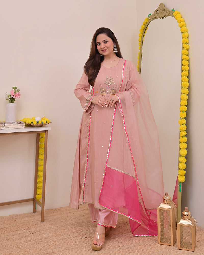 Noor-e-Gulabi Mul Chanderi Handwork A Line Suit