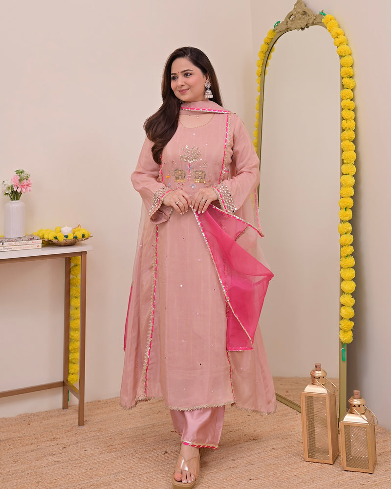 Noor-e-Gulabi Mul Chanderi Handwork A Line Suit