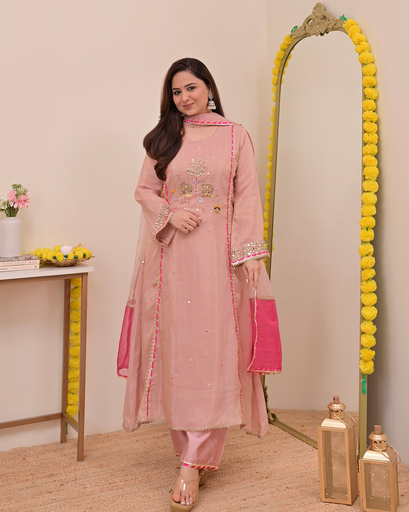 Noor-e-Gulabi Mul Chanderi Handwork A Line Suit