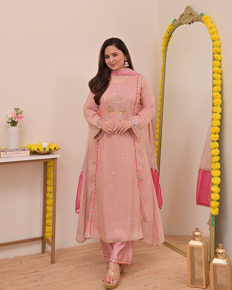 Noor-e-Gulabi Mul Chanderi Handwork A Line Suit