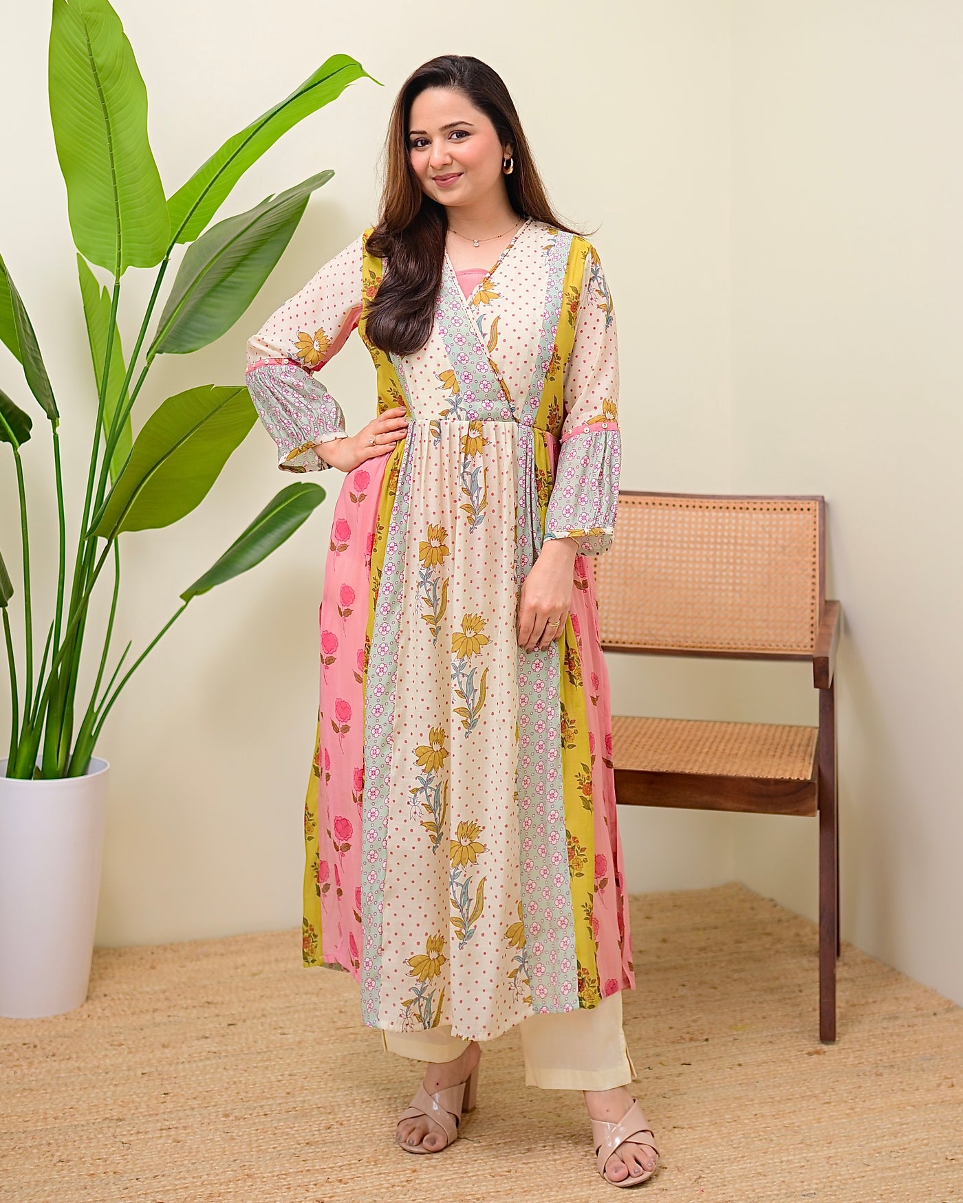 Soft Garden Pastel Hues Mul Chanderi A Line Kurta Set