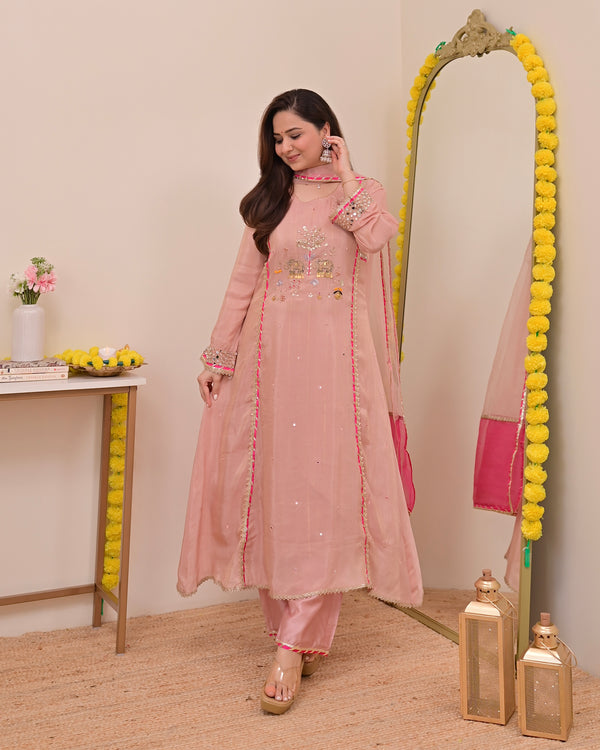 Noor-e-Gulabi Mul Chanderi Handwork A Line Suit
