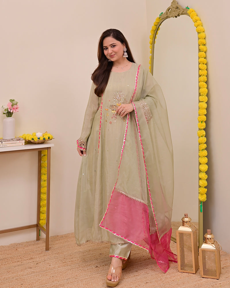 Sage Green Nazaakat Mul Chanderi Handwork A Line Suit
