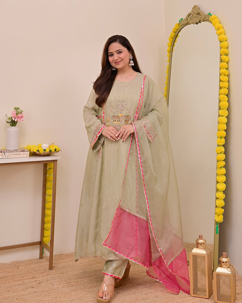 Sage Green Nazaakat Mul Chanderi Handwork A Line Suit