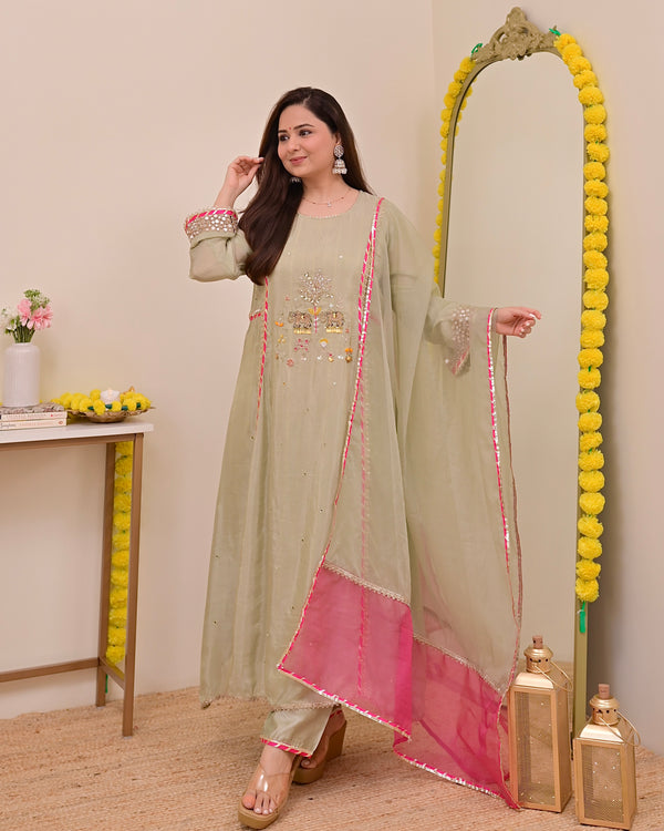 Sage Green Nazaakat Mul Chanderi Handwork A Line Suit