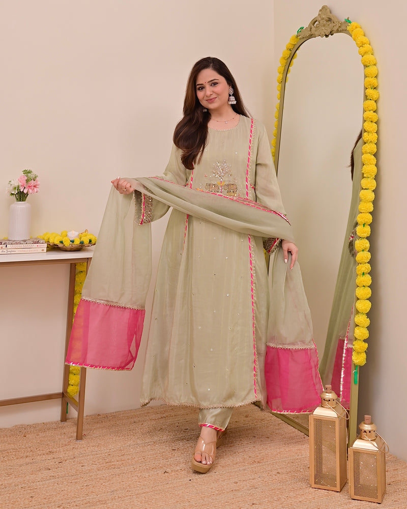 Sage Green Nazaakat Mul Chanderi Handwork A Line Suit